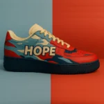Sneaker engagée HOPE STANDING, design Shepard Fairey, message HOPE imprimé, couleurs rouge bleu beige, matériaux recyclés