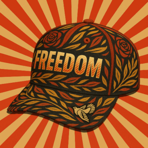 Casquette engagée FREEDOM STANDING, visuel militant brodé, design Shepard Fairey bleu nuit et rouge, matière recyclée
