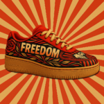 Sneaker engagée FREEDOM STANDING, design militant bleu et rouge inspiré Shepard Fairey, message Freedom to Lead imprimé, matériaux recyclés
