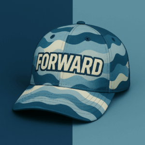 Casquette engagée FORWARD STANDING, message militant en typographie bold, matériaux recyclés, design inspiré de Shepard Fairey