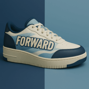 Sneaker engagée FORWARD STANDING en matériaux recyclés, design militant bleue et blanche, inspiré de Shepard Fairey, typographie FORWARD imprimée