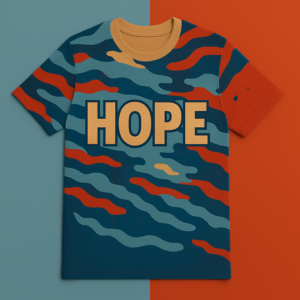 Tee-shirt HOPE STANDING, design militant inspiré Shepard Fairey, message HOPE imprimé, coton bio, visuel rouge bleu beige