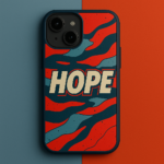 Coque de téléphone HOPE STANDING, visuel Shepard Fairey, message HOPE imprimé, design rouge bleu beige, matériaux recyclés